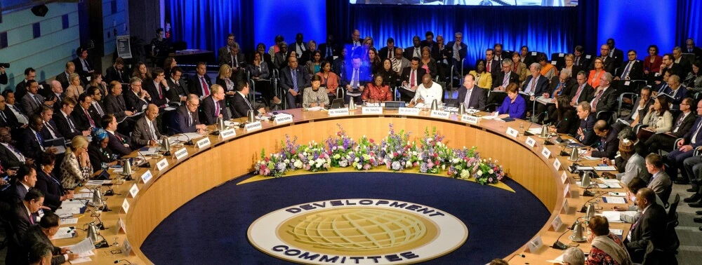 World Bank meeting discussing global economic development and financial support programs